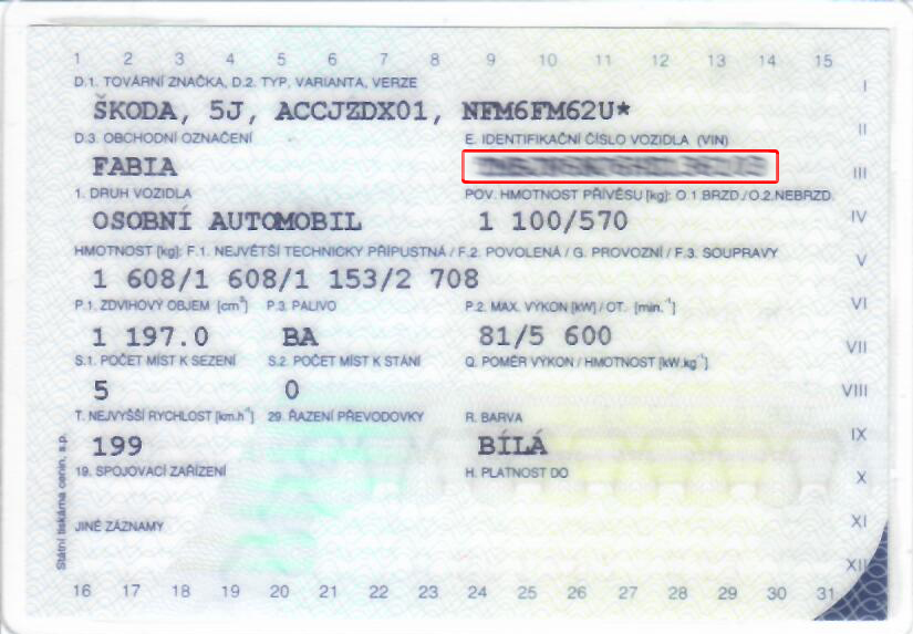 VIN malý technický průkaz