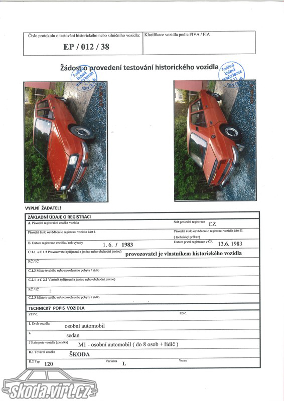 Žádost o provedení testování historického vozidla