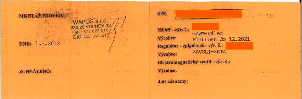 Osvědčení  o alernativním pohonu 2