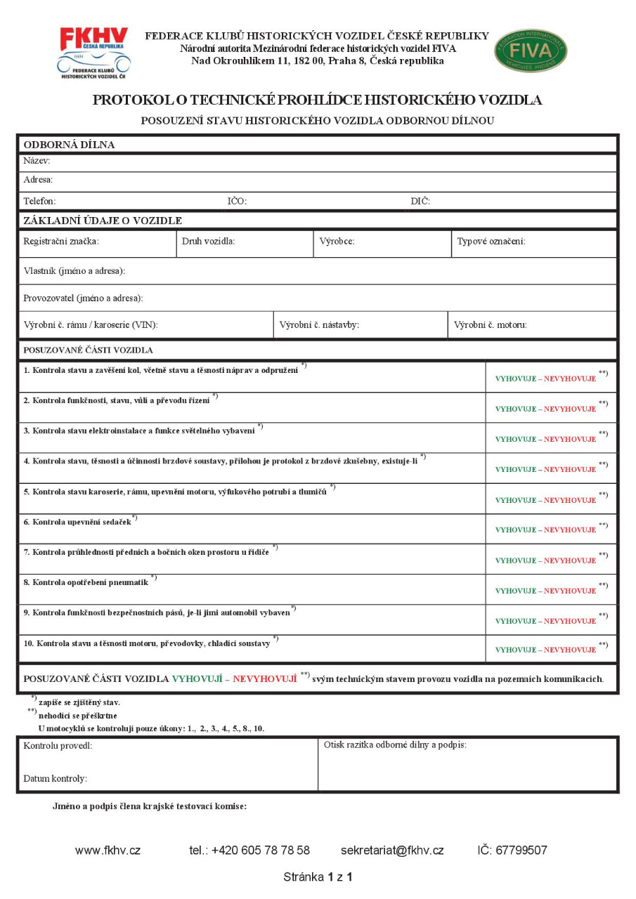 Protokol o technické prohlídce historického vozidla